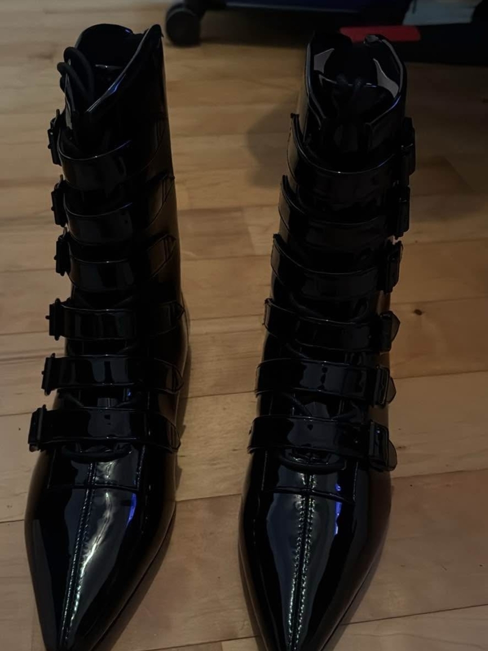 Hot Topic Black Patent Pointed-Toe Buckle Ankle Boots
